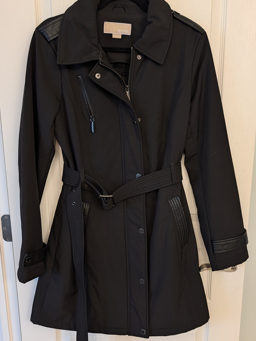 Michael Kors Black Belted Trench Coat with Leather Trim